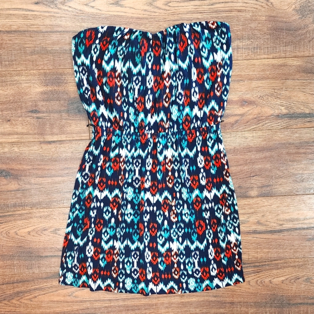 Trixxi Junior's Strapless Navy Aztec Lightweight Casual A-Line Mini Dress Small